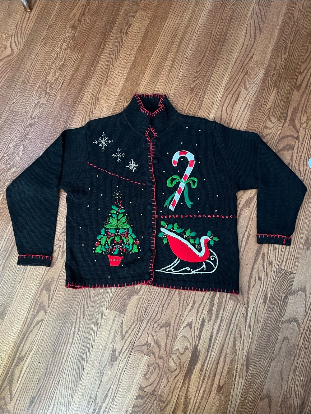 Ship ‘n Shore Sport Black Holiday Crewel Sweater with Festive Tree & Candy Cane